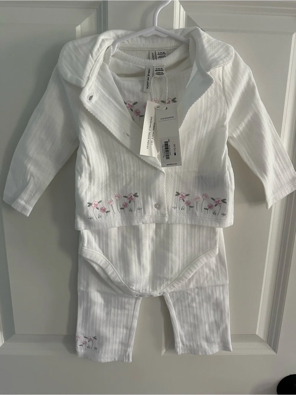 Janie and Jack White Ribbed 3-Piece Set with Pink Floral Embroidery